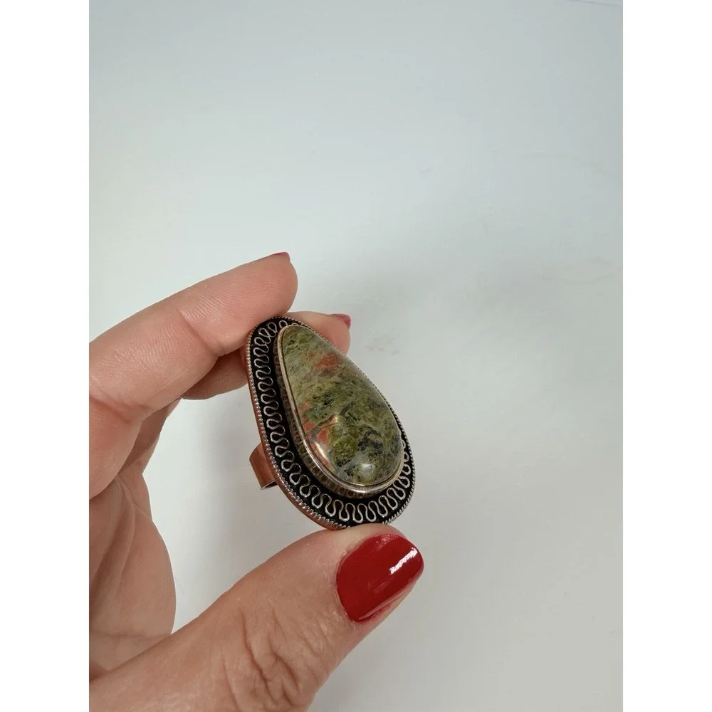 Unakite Statement Ring‎ Elegant Green and Red Stone Size 7.75 Teardrop Shape